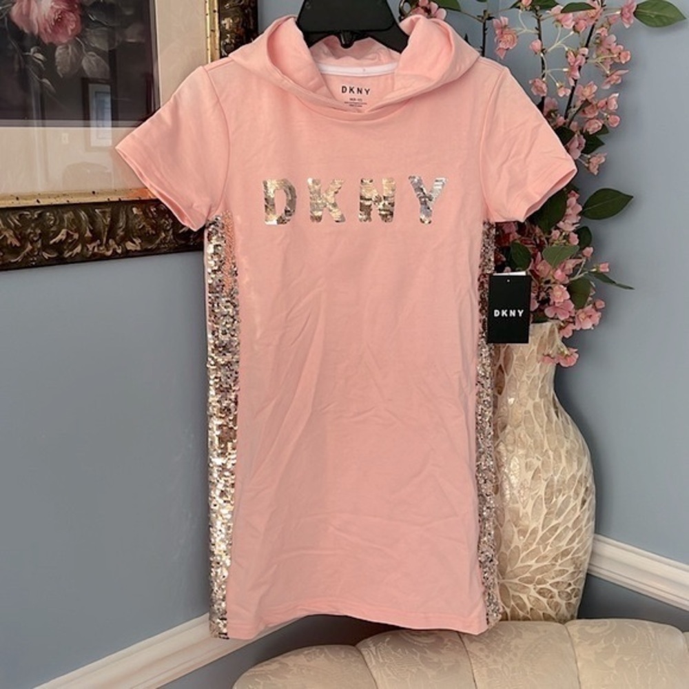 Brand New DKNY Pink Sweatshirt Hoodie Dress Short Sleeved Sequins Side Stripe